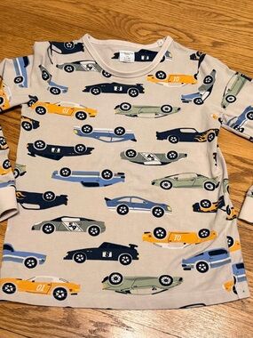 Polarn O. Pyret Beige Tee with Navy, Yellow, Green Car Print